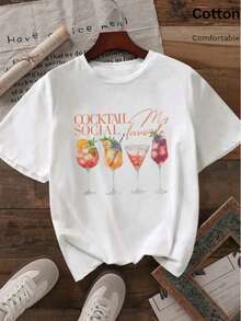 100% Cotton Women's Cotton Cocktail Social Favorite Graphic Tee Short Sleeve Round Neck Casual T-Shirt for Summer Parties and Gatherings, Comfortable and Stylish Top for Everyday Wear - Weiss - Übersicht 1