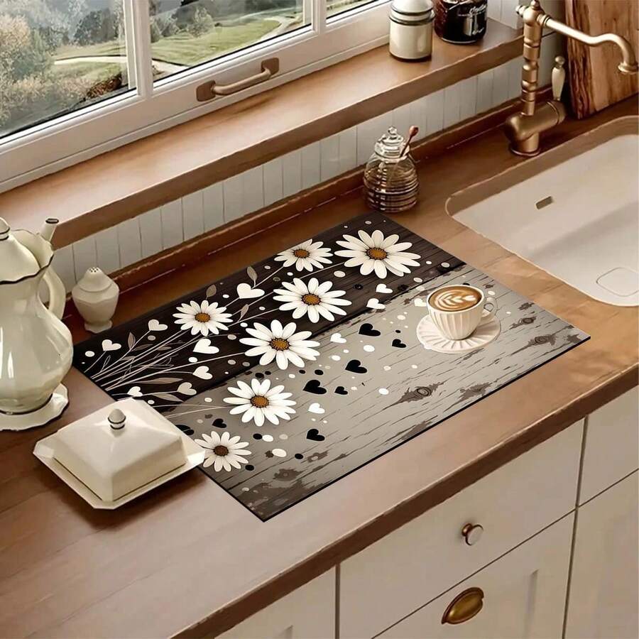1 pieza Alfombrilla de secado de platos con estampado para encimera de cocina, súper absorbente, oculta manchas, con respaldo de goma, alfombrilla multiusos para cafetera, escurridor de platos, encimera de cocina, cafetera, apta para cafetera, máquina de espresso, almohadilla decorativa - HL 638 - Ver 1
