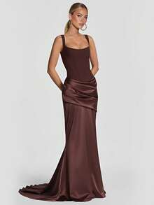 Conjunto de vestido de fiesta elegante con tirantes finos, espalda descubierta, lazo y drapeado - Marrón - Ver 2