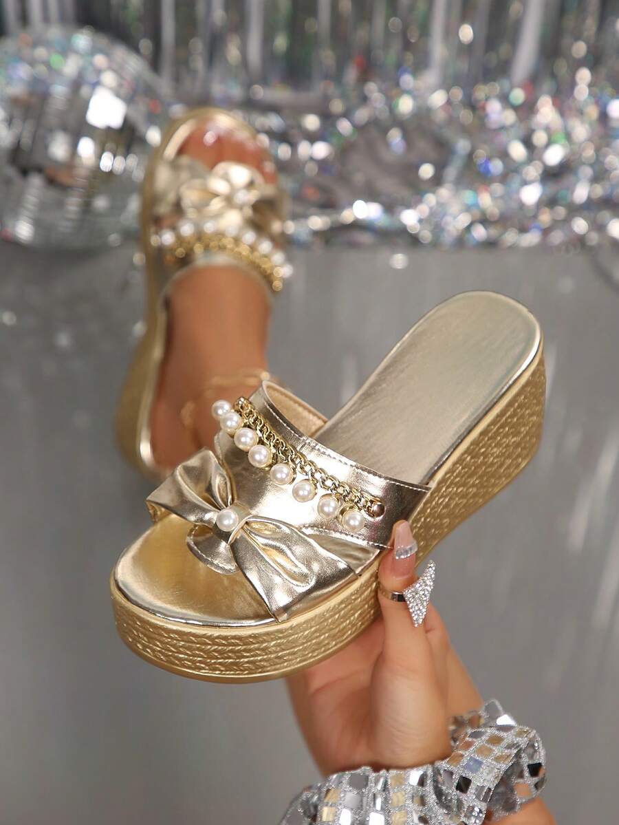 Sandal Hak Wedges dengan Gesper Rhinestone Berkilau, Sandal Platform Nyaman untuk Pantai Musim Panas & Pemakaian Sehari-hari - Emas - View 1