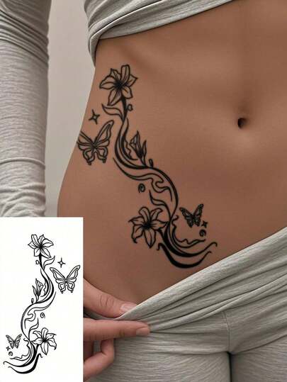 1 miếng dán hình xăm tạm thời chống thấm nước, thiết kế hoa và bướm trang nhã, tấm hình xăm tạm thời chất lượng cao, phù hợp cho những người yêu thích thời trang, dùng để dán hình xăm giả lên cánh tay.