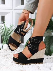 2026 Women's Summer Thick Sole Wedge High Heel Open Toe Sandals, Black Double Buckle Ankle Boots Style Hollow Peep Toe Platform Casual Sandals, Fashion Versatile Daily Wear Women Shoes - Black - View 4
