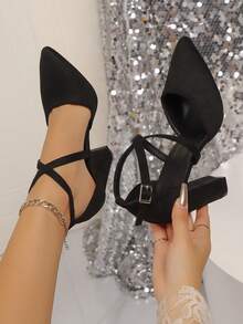 Giày cao gót nữ, sandal cao gót, sandal bít mũi, giày công sở kiểu cổ tích mùa xuân/hè mới, giày bít mũi da lộn gót dày một khóa cài chéo cho mùa hè - màu đen - Xem 5
