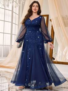 Plus Size Deep V-Neck Sequin Floral Lace Contrast Mesh Mermaid Ruffle Hem Evening Party Dress, Wedding Guest Dress Elegant - Navy Blue - View 6