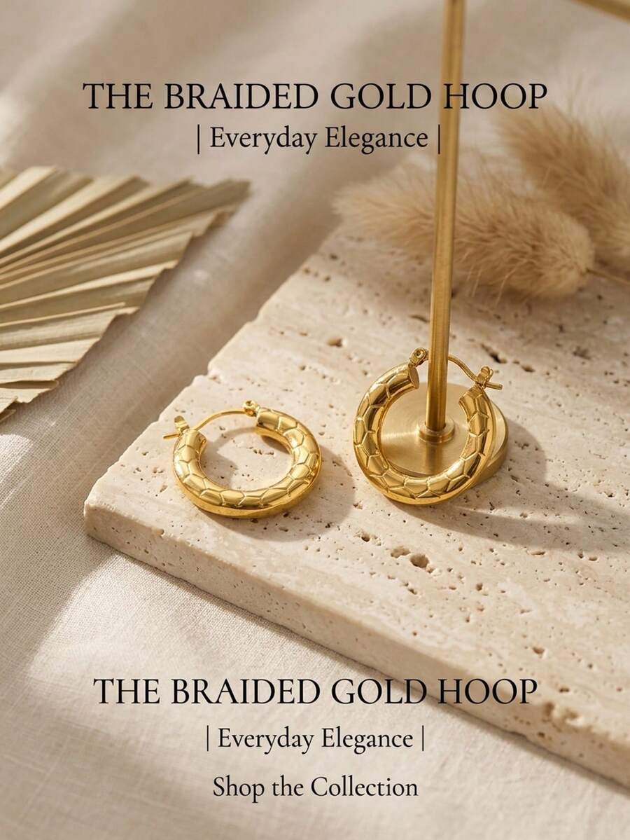 1 paire de boucles d'oreilles créoles épaisses en acier inoxydable plaqué or avec texture écaillée tressée pour femmes, résistantes à la tarnissure, plusieurs styles disponibles - Multicolore - Voir 1