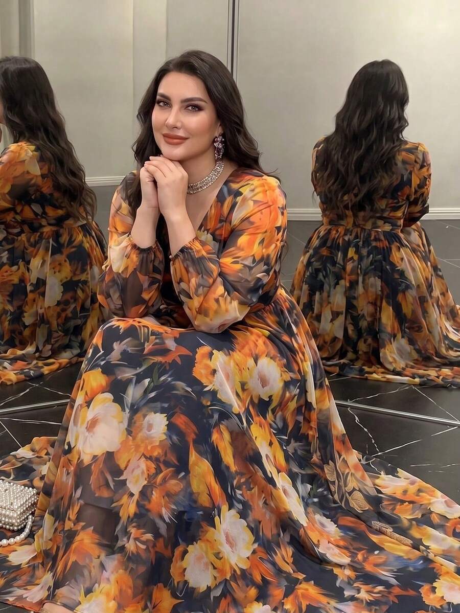 Elegant Plus Size Women's New Floral Print Long Sleeve Slimming A-Line Dress, All-Over Print, Casual Modest Elegant Spring - Mustard Yellow - View 1
