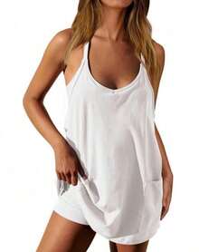 Womens Tennis Dress Workout Mini Dress With Shorts Sleeveless Spaghetti Straps Golf Athletic Dresses Mini Romper Dress Casual Workout Outfits Dresses For Women - 白色 - 查看 2
