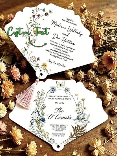 Customized Fan-Shaped Invitation Card, Personalized Tassel Hand Fan, Summer Outdoor Wedding/Bridal Party Ceremony Card, Customized Wedding Favor Fan, Customizable Text Invitation Card, Personalized Card, Perfect Garden Party Favor