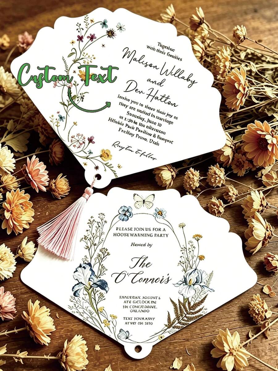 Customized Fan-Shaped Invitation Card, Personalized Tassel Hand Fan, Summer Outdoor Wedding/Bridal Party Ceremony Card, Customized Wedding Favor Fan, Customizable Text Invitation Card, Personalized Card, Perfect Garden Party Favor - Fan-shaped Invitation Card - View 1