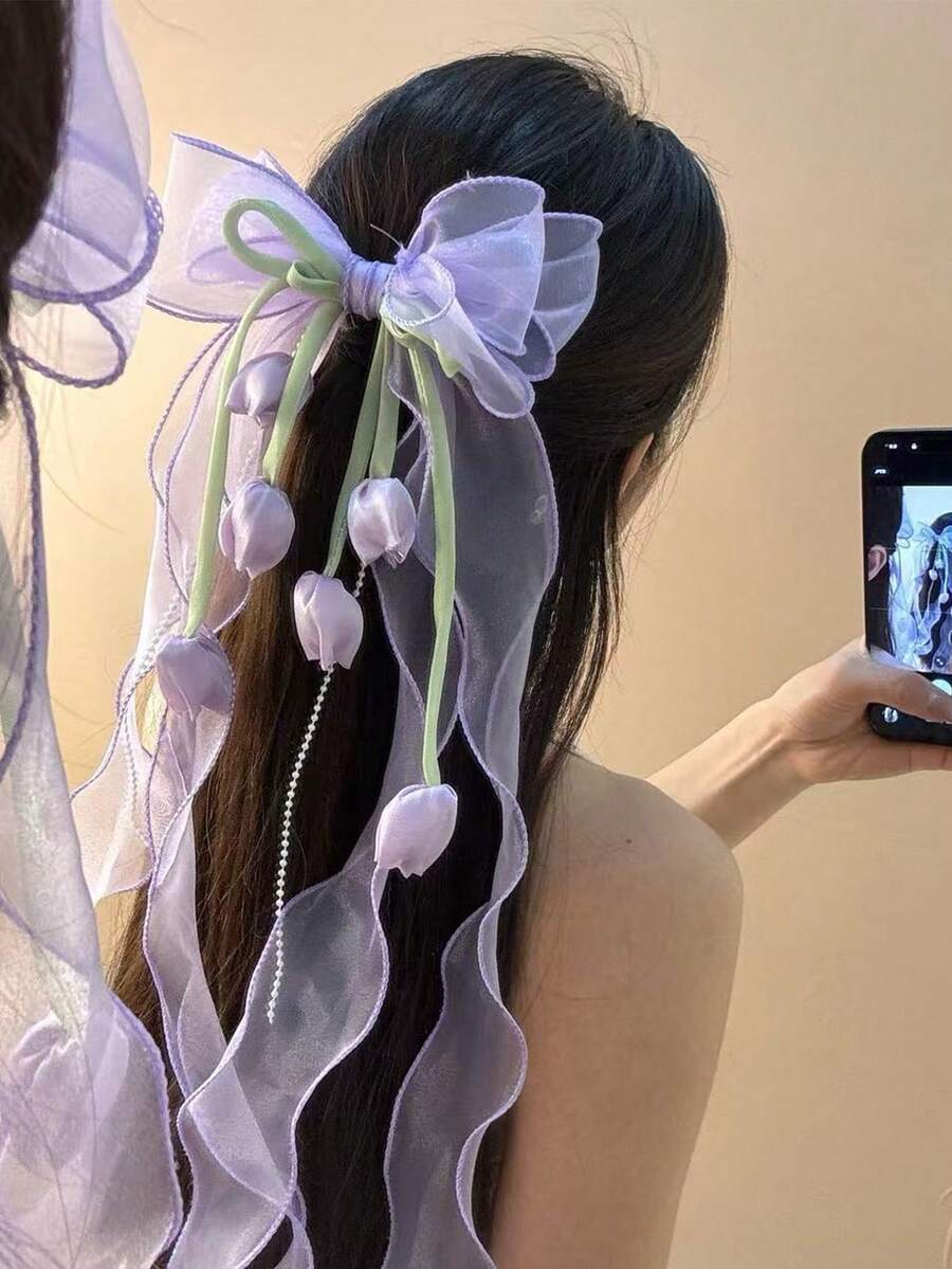 1个春夏蝴蝶结郁金香网纱流苏发夹，甜美可爱女士发饰，长丝带设计，适合芭蕾舞、汉服、日常佩戴、海滩摄影（由于光线和显示器条件，可能存在轻微色差），节日、派对，爪夹