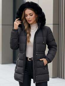 Women's Puffer Jacket With Faux Fur Lining For Winter With Hood - màu đen - Xem 3