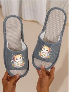 Cute Cat Mug + "Healing Time" Slogan Linen Slip-On Slippers, Non-Slip Wear-Resistant, Suitable For Women All Seasons - Blue - View 3
