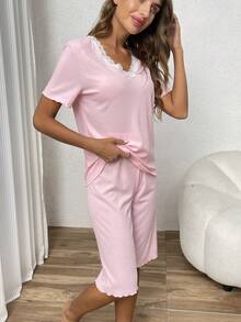 Women's Lace Trim Contrast Color Short Sleeve & Shorts Pajama Set, Spring/Summer/Autumn - Pink - View 5