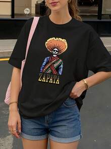 Camiseta Negra con Estampado de Calavera Zapata para Mujer Casual - Negro - Ver 1