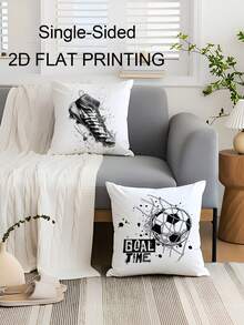 4pcs Black & White Soccer Print 2D Flat Printing Throw Pillow Covers, Single-Sided Printed, Soft, Grunge Football, Soccer Shoes & "Goal Time" Quote Pillow Covers, Suitable For Sports Fans, Washable, Durable, Perfect For Living Room, Bedroom, Sofas, Couches Decoration, Single-Sided Design, Not Real Embroidery, Zippered - Multicolor - View 2