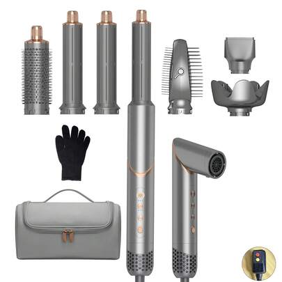 六合一套装：200万负离子防静电吹风机和热风梳，11万转/分钟无刷电机，自动造型器，卷发棒，适合送给女友/妈妈，适用于所有发质，沙龙/旅行/居家必备的强大多功能美发工具 + 便携包（灰金色）