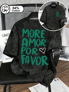 Maglietta da donna oversize in stile vintage lavata, in 64% cotone, con stampa bidirezionale con slogan "More Amor Por Favor", stile casual a maniche corte, stile romantico da strada Y2K, adatta per uso quotidiano, maglietta stampata nera - nero - Visualizzare 1