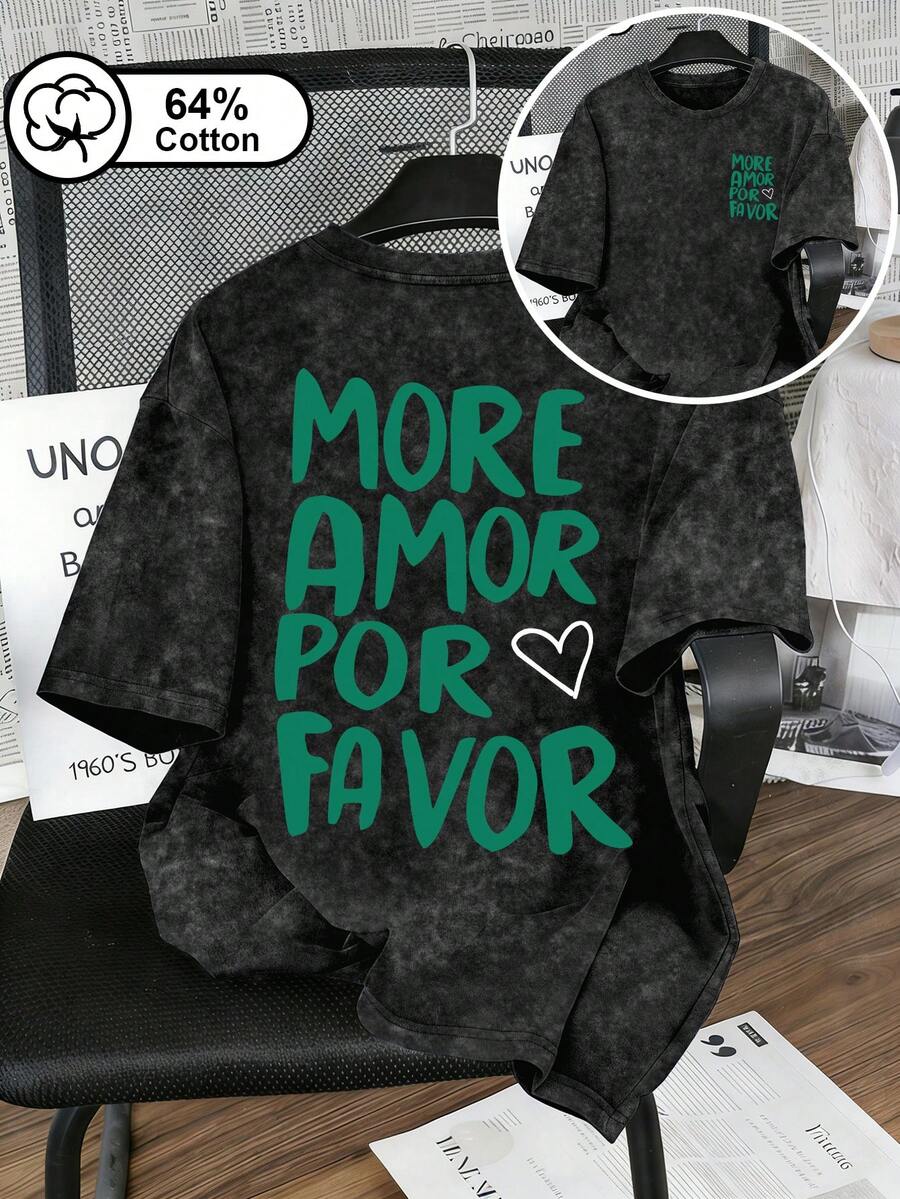 Maglietta da donna oversize in stile vintage lavata, in 64% cotone, con stampa bidirezionale con slogan "More Amor Por Favor", stile casual a maniche corte, stile romantico da strada Y2K, adatta per uso quotidiano, maglietta stampata nera - nero - Visualizzare 1