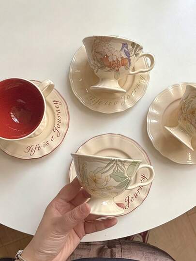 200ml Vintage Floral Teacup And Saucer Set, French Style High-End Afternoon Tea Cup, Coffee Cup, Mug, Serving Cup, High-Quality Ceramic Cup For Home Use, Elegant Dessert Plate Matching Floral Ceramic Cup, Great Gift