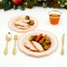 350PCS Pink Gold Plastic Plates For Party Dinnerware Sets For 50 Guests, Vintage Disposable Plastic Party Plates Cups Spoons Forks Knives Napkins For Wedding Birthday Christmas BBQ Parties - Rượu sâm banh - Xem 7