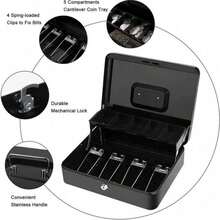 Luminpool Money Box With Key -Money Tin With Lock - Small Lockable Cash Box With Coin Tray For Petty Cash Coins Notes - Locking Metal Box With 2 Keys - Black - Black - View 3