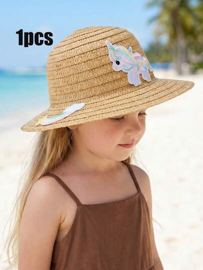 1pc Toddler Girls' Cloud, Rainbow & Unicorn Beige Straw Sun Hat, Summer Baby Beach Vacation Outdoor Breathable Wide Brim Hat For 3-8 Years Old