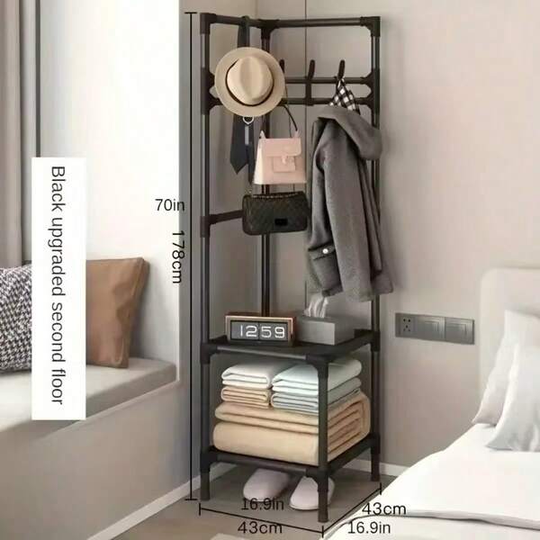 Vertical Freestanding Corner Coat Tree, 3 Tier Storage Shelf With Hooks For Hats, Bags, Jackets