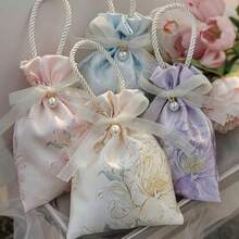 4pcs Floral Pearl & Ribbon Candy Bags, Elegant Drawstring Gift Bags, Suitable For Weddings, Girls' Gifting, Birthdays, Mother's Day And Spring & Summer Festivals With Soft And Fresh Color Matching - Multicolor - View 4