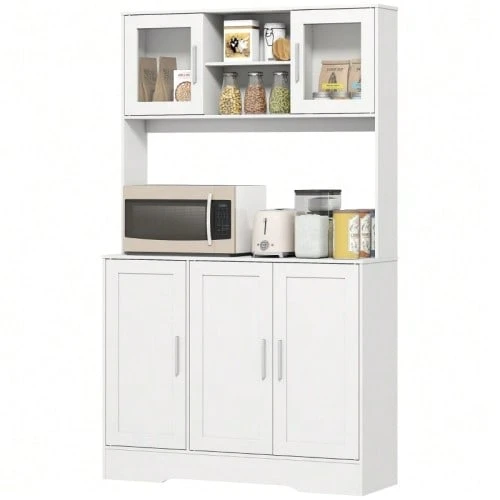 Kitchen Furniture, Scandinavian Design, 4 Cabinets, Adjustable Shelves, Glass Doors, Open Surface, Chipboard, MDF, White. - White - View 1