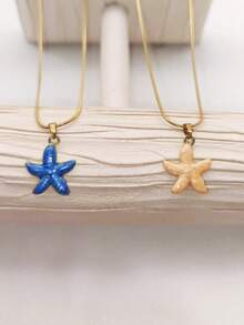 1件18K镀金不锈钢海星吊坠项链，男女皆宜，自然海洋风格，适合海滩度假，轻盈奢华，简约百搭 - 彩色 - 查看 2