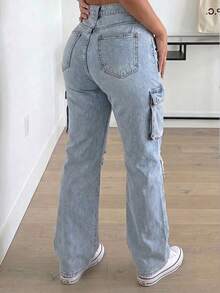 Women's High Waist Cargo Jeans With Ripped Detail, Retro Street Style, Versatile Denim Pants - Light Wash - View 2