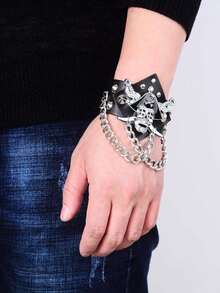 1-4 chiếc vòng tay da bản rộng, đính đinh tán hình đầu lâu quỷ dữ phong cách Punk Rock Gothic Biker màu đen, có thể điều chỉnh kích thước, dành cho nam giới. - Bạc - Xem 3