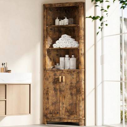 69" Tall Corner Shelf With Doors, 6-Tier Corner Storage Cabinet With Doors, Space Saver Shelf For Bathroom, Bathroom Floor Cabinet For Living Room Kitchen, Hallway