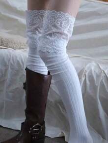 1 Pair White Knee-High Lace Socks, Women's Thigh-High Leg Warmers, Y2K Style, Suitable For Spring, Autumn & Winter - trắng - Xem 6