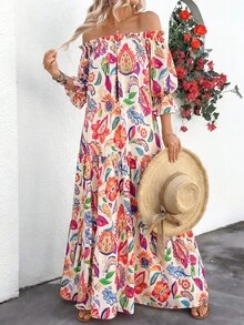 Đầm nữ thanh lịch kiểu Bohemian trễ vai, tay lửng, có túi, xếp ly nhiều lớp dáng chữ A nhuộm tie-dye, hoàn hảo cho các bữa tiệc và kỳ nghỉ, đầm hè dành cho nữ. - Trắng ngà - Xem 7