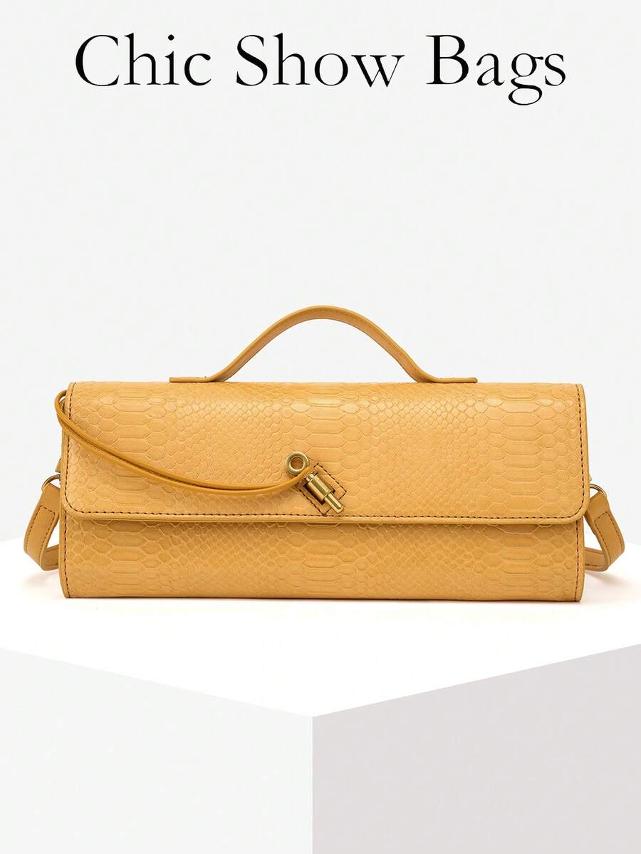 女款復古極簡編織紋理安哥拉紅復古翻蓋鎖扣大容量手拿包/單肩包,適合正式場合、日常穿搭、派對 - 黃色 - 查看 1