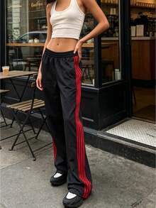 Women's Straight Leg Workout Pants Fashionable Casual Side Stripes Loose Fit Jogger Pants - Đỏ - Xem 1