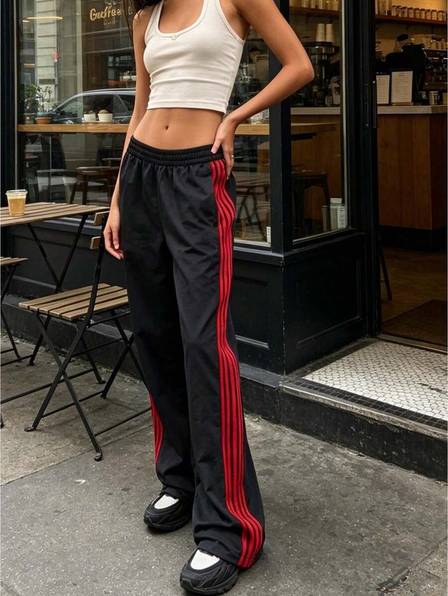 Women's Straight Leg Workout Pants Fashionable Casual Side Stripes Loose Fit Jogger Pants - Đỏ - Xem 1