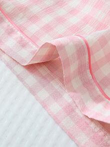 Set de 3 piezas de pijama cómodo y ligero con camisa de manga corta de cuello con botones a cuadros y shorts con lazo, adecuado para uso en casa, primavera/verano - Multicolor - Ver 7