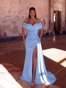 ADYCE Elegant One Shoulder Cross V Neck Pleated High Waist Long Ribbon High Slit Backless Floor Length Prom Dress Wedding Guest Prom Homecoming Date Ball - Baby Blue - View 6