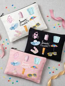 Borsa cosmetica da viaggio estiva in acquerello, pochette in tela con zip e stampe da spiaggia, organizer per il trucco da viaggio carino con bikini e occhiali alla moda - Multicolore - Visualizzare 5