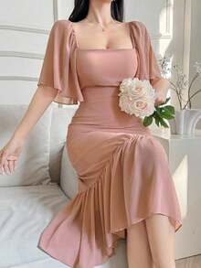 Vestido elegante de mujer de unicolor con cuello cuadrado y dobladillo con volantes, conjunto de ropa para el Día de San Valentín para mujer - Rosa - Ver 7