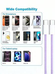 Cable de carga rápida USB C trenzado de nailon, cable de carga de alta velocidad de 1m/2m, compatible con iPhone 17/16/15/Pro/Pro Max y otros teléfonos Android, adecuado para accesorios de teléfono para viajes/coche/hogar/oficina/dormitorio - blanco + morado - Ver 7
