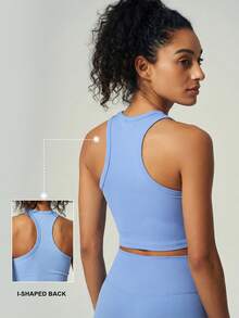 I-Shaped Back Ribbed Crop Top, Seamless Workout Tank Sports - Blue - View 2