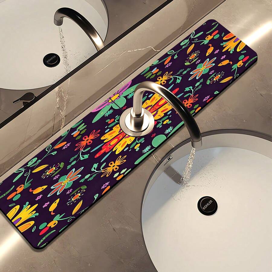 1 pieza Cubierta de grifo con estampado floral, de poliéster duradero, de secado rápido, fácil de limpiar, adecuado para cocina y baño, fácil instalación, decoración diaria, regalo, alfombra de baño, alfombrilla de grifo duradera, accesorio de grifo - Multicolor - Ver 1