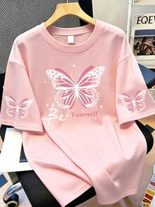 2pcs/Set Top ample à manches courtes et short élastique pour femmes grandes tailles, imprimé papillon, tenue de printemps/été à la mode et amusante, rose élégant - Rose bonbon - Voir 5