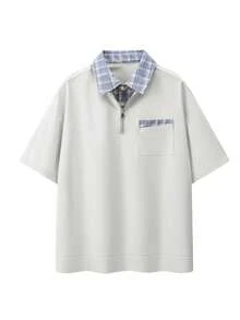 Conjunto de 2 piezas de camisa tipo polo con media cremallera y pantalones cortos a cuadros de estilo patchwork para hombre, conjunto informal y holgado - Beis - Ver 4