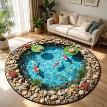 1pc Realistic 3D Water Ripple Koi Pond Circular Carpet, New Chinese Style Lotus Pond Moonlight Healing Home Decor Mat, Suitable For Game Room/Bedroom/Living Room/Kitchen, Great Gift For Partner, Friends, Family - Multicolor - View 5