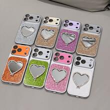 【人気の新製品】韓国 かわいい iPhone17ケース ハートミラー スタンド機能 ラインストーン グリッター スマホケース マカロンカラー 大視窗 iPhone17ProMax/17Pro/17/16ProMax/16Pro/16/15/15ProMax/15Pro/14/14Pro/14ProMax/13/13Pro/13ProMax対応、女性向け、高級デザイン 、耐衝撃、落下防止、傷防止。 - ゴールドとオフホワイトのカラーブロックデザインの窓 - チェックする 2