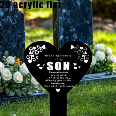 1ชิ้น 2D แบน, ป้ายหลุมศพอะคริลิกพิมพ์ลาย 2D แบน, อุทิศแด่ลูกชายของฉัน "ในความทรงจำของลูกชายของฉัน" ป้ายรูปหัวใจ, ทนทานและทนต่อการกัดกร่อน, ของตกแต่งกลางแจ้งตลอดทั้งปี, พื้นหลังสีดำ